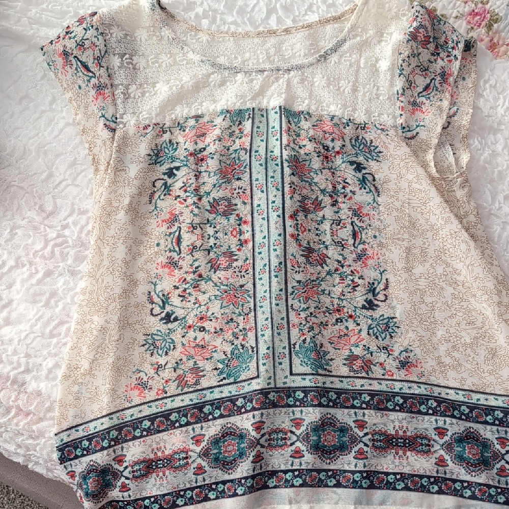 Sweet Wanderer Boho Floral Blouse - Cream and Teal